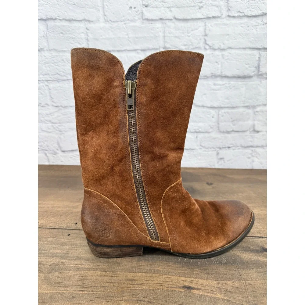 Born Brown Suede Mid Calf Boots Women's 10M Side Zip Leather Boho Rustic Moto